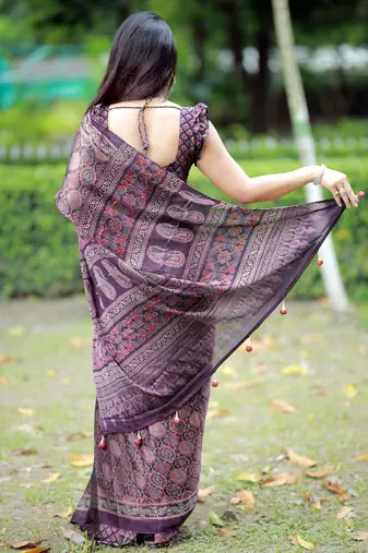 Mirchi fashion women's wine ajrakh printed chiffon saree with unstitched blouse piece