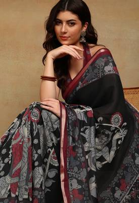 Mirchi fashion women's black madhubani,ethnic printed viscose cotton saree with unstitched blouse piece 4