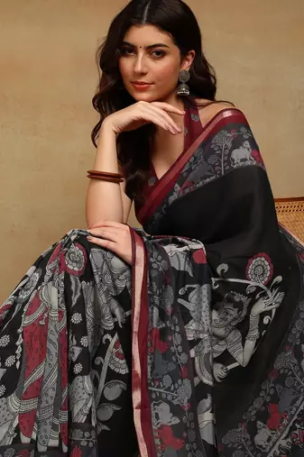 Mirchi fashion women's black madhubani,ethnic printed viscose cotton saree with unstitched blouse piece