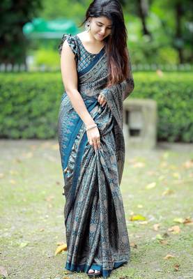 Mirchi fashion women's blue ajrakh printed chiffon saree with unstitched blouse piece 2