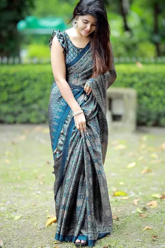 Mirchi fashion women's blue ajrakh printed chiffon saree with unstitched blouse piece