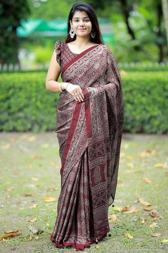 Mirchi fashion women's maroon ajrakh printed chiffon saree with unstitched blouse piece