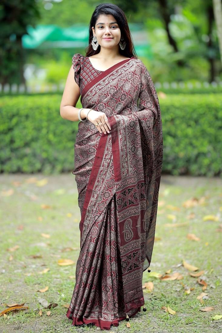 Mirchi fashion women's maroon ajrakh printed chiffon saree with unstitched blouse piece
