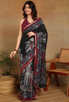 Mirchi fashion women's black madhubani,ethnic printed viscose cotton saree with unstitched blouse piece 5