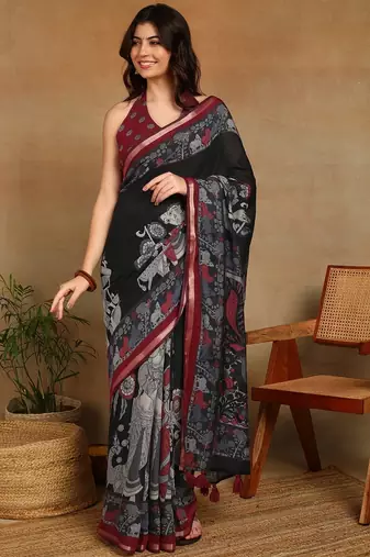 Mirchi fashion women's black madhubani,ethnic printed viscose cotton saree with unstitched blouse piece