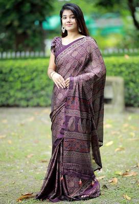 Mirchi fashion women's wine ajrakh printed chiffon saree with unstitched blouse piece 4