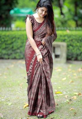 Mirchi fashion women's maroon ajrakh printed chiffon saree with unstitched blouse piece 2