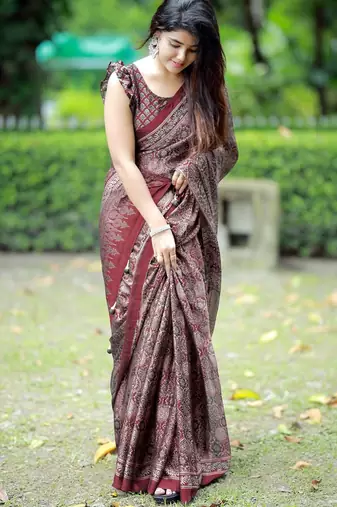 Mirchi fashion women's maroon ajrakh printed chiffon saree with unstitched blouse piece