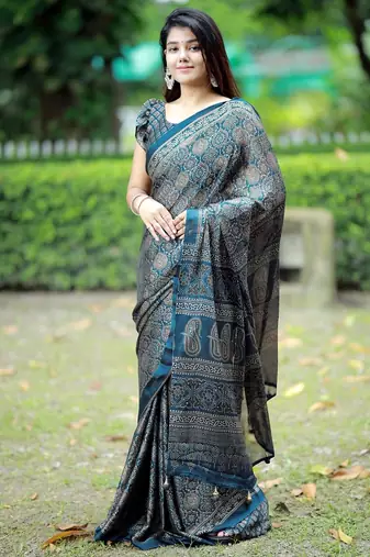 Mirchi fashion women's blue ajrakh printed chiffon saree with unstitched blouse piece