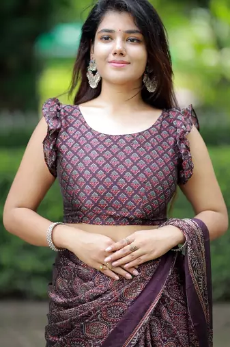 Mirchi fashion women's wine ajrakh printed chiffon saree with unstitched blouse piece