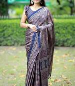Mirchi fashion women's blue ajrakh printed chiffon saree with unstitched blouse piece