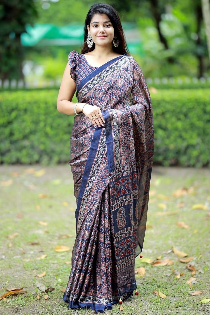 Mirchi fashion women's blue ajrakh printed chiffon saree with unstitched blouse piece