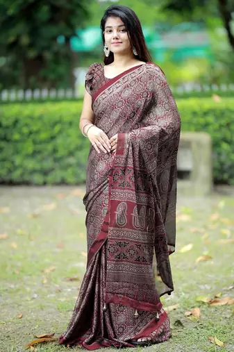 Mirchi fashion women's maroon ajrakh printed chiffon saree with unstitched blouse piece