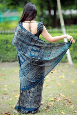Mirchi fashion women's blue ajrakh printed chiffon saree with unstitched blouse piece 4