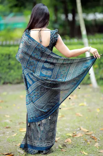 Mirchi fashion women's blue ajrakh printed chiffon saree with unstitched blouse piece