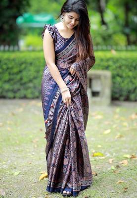 Mirchi fashion women's blue ajrakh printed chiffon saree with unstitched blouse piece 2