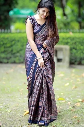 Mirchi fashion women's blue ajrakh printed chiffon saree with unstitched blouse piece