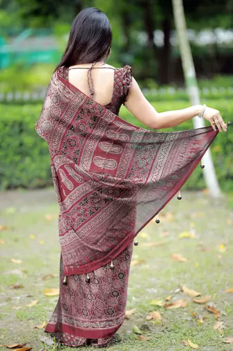 Mirchi fashion women's maroon ajrakh printed chiffon saree with unstitched blouse piece
