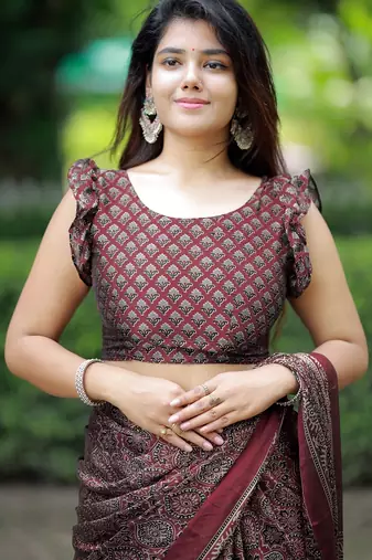 Mirchi fashion women's maroon ajrakh printed chiffon saree with unstitched blouse piece