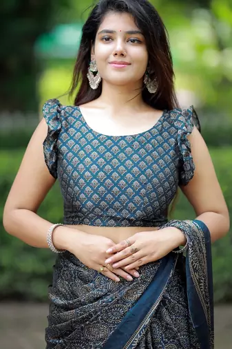 Mirchi fashion women's blue ajrakh printed chiffon saree with unstitched blouse piece