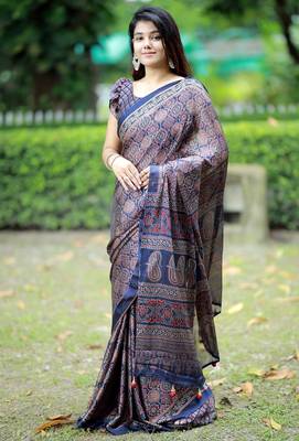 Mirchi fashion women's blue ajrakh printed chiffon saree with unstitched blouse piece 3