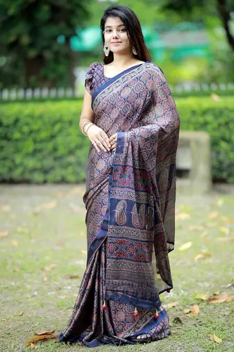 Mirchi fashion women's blue ajrakh printed chiffon saree with unstitched blouse piece