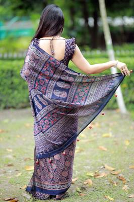 Mirchi fashion women's blue ajrakh printed chiffon saree with unstitched blouse piece 4