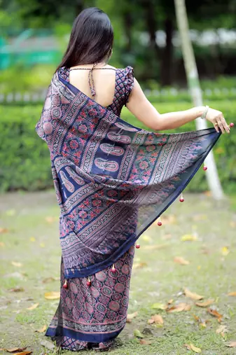 Mirchi fashion women's blue ajrakh printed chiffon saree with unstitched blouse piece