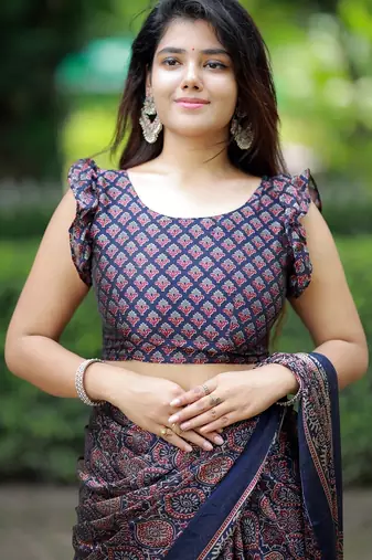 Mirchi fashion women's blue ajrakh printed chiffon saree with unstitched blouse piece