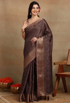 Mirchi fashion women's coffee brown floral printed cotton silk,silk blend saree with unstitched blouse piece 1