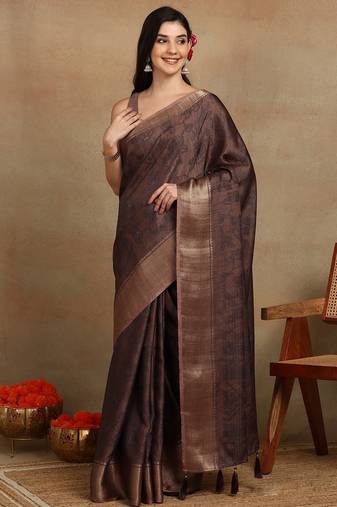 Mirchi fashion women's coffee brown floral printed cotton silk,silk blend saree with unstitched blouse piece