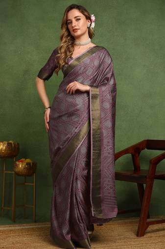 Mirchi fashion women's magenta block print cotton silk,silk blend saree with unstitched blouse piece