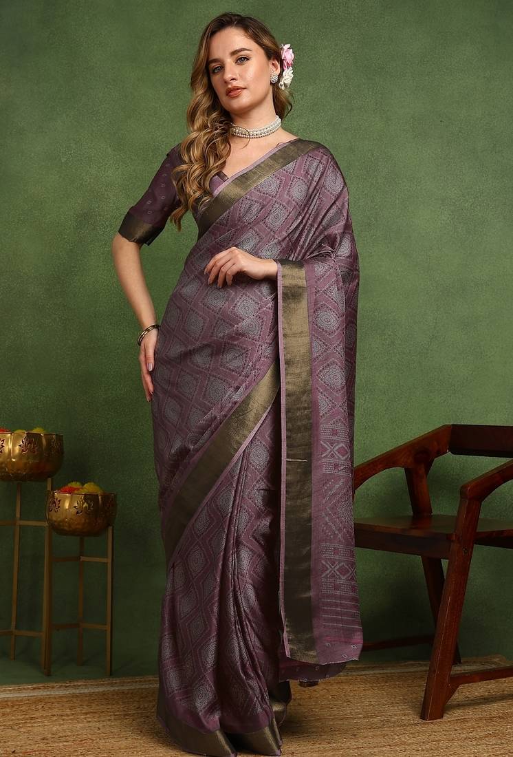 Mirchi fashion women's magenta block print cotton silk,silk blend saree with unstitched blouse piece