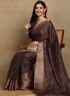 Mirchi fashion women's coffee brown floral printed cotton silk,silk blend saree with unstitched blouse piece 2