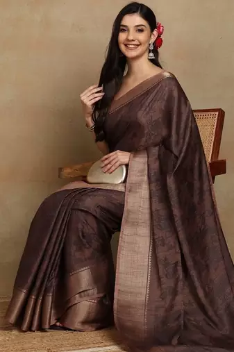 Mirchi fashion women's coffee brown floral printed cotton silk,silk blend saree with unstitched blouse piece