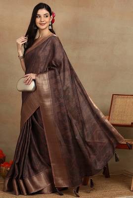 Mirchi fashion women's coffee brown floral printed cotton silk,silk blend saree with unstitched blouse piece 3