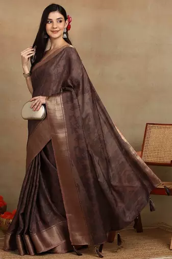 Mirchi fashion women's coffee brown floral printed cotton silk,silk blend saree with unstitched blouse piece