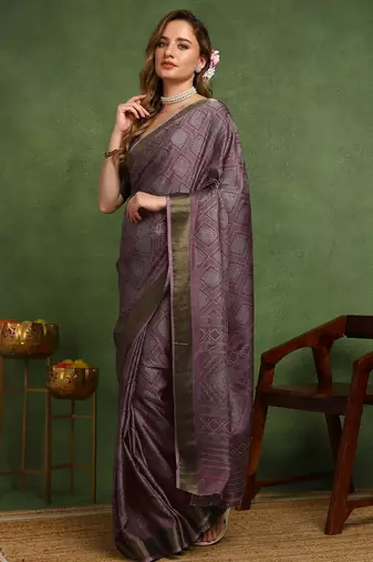 Mirchi fashion women's magenta block print cotton silk,silk blend saree with unstitched blouse piece