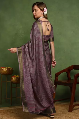 Mirchi fashion women's magenta block print cotton silk,silk blend saree with unstitched blouse piece