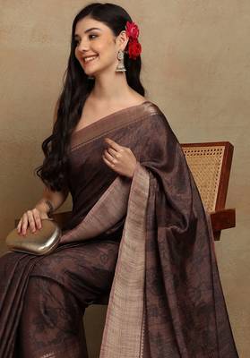 Mirchi fashion women's coffee brown floral printed cotton silk,silk blend saree with unstitched blouse piece 5