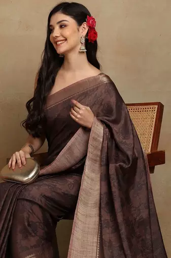 Mirchi fashion women's coffee brown floral printed cotton silk,silk blend saree with unstitched blouse piece