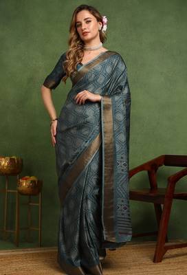 Mirchi fashion women's teal block print cotton silk,silk blend saree with unstitched blouse piece 1