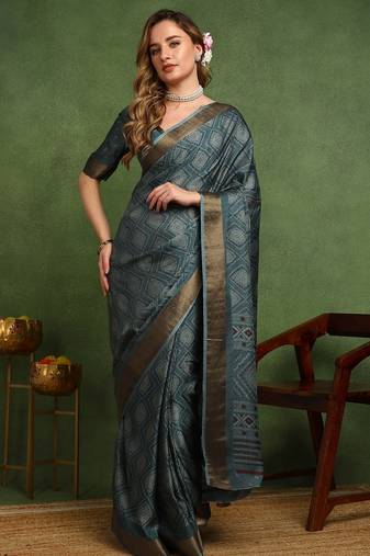 Mirchi fashion women's teal block print cotton silk,silk blend saree with unstitched blouse piece