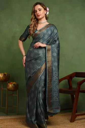 Mirchi fashion women's teal block print cotton silk,silk blend saree with unstitched blouse piece