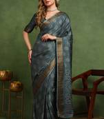 Mirchi fashion women's teal block print cotton silk,silk blend saree with unstitched blouse piece