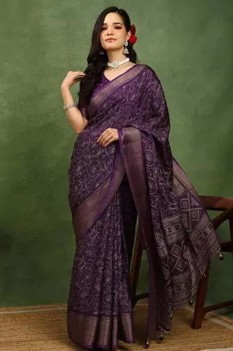 Mirchi fashion women's wine kalamkari floral print cotton silk,silk blend saree with unstitched blouse piece
