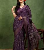 Mirchi fashion women's wine kalamkari floral print cotton silk,silk blend saree with unstitched blouse piece