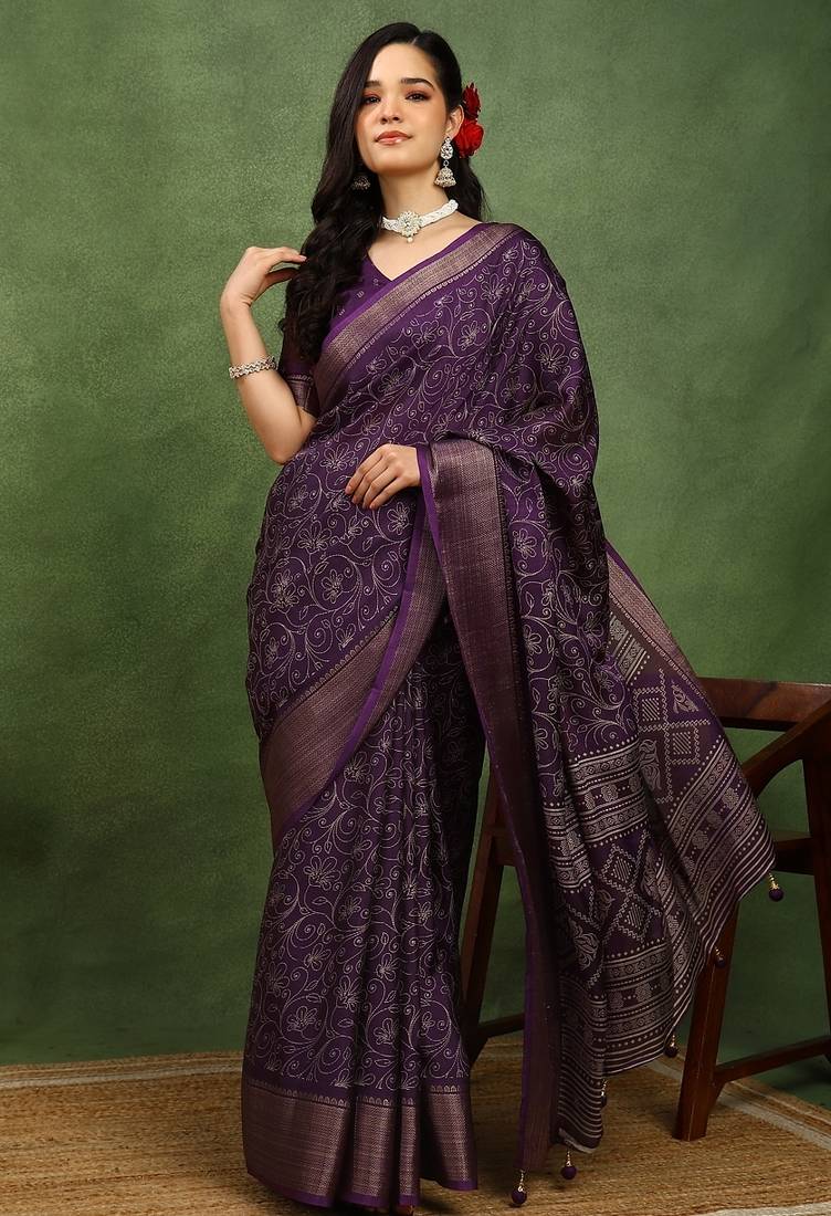 Mirchi fashion women's wine kalamkari floral print cotton silk,silk blend saree with unstitched blouse piece