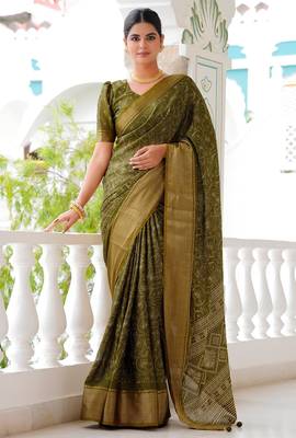 Mirchi fashion women's green kalamkari floral print cotton silk,silk blend saree with unstitched blouse piece 1
