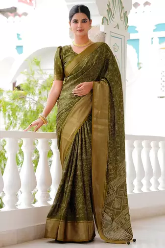 Mirchi fashion women's green kalamkari floral print cotton silk,silk blend saree with unstitched blouse piece